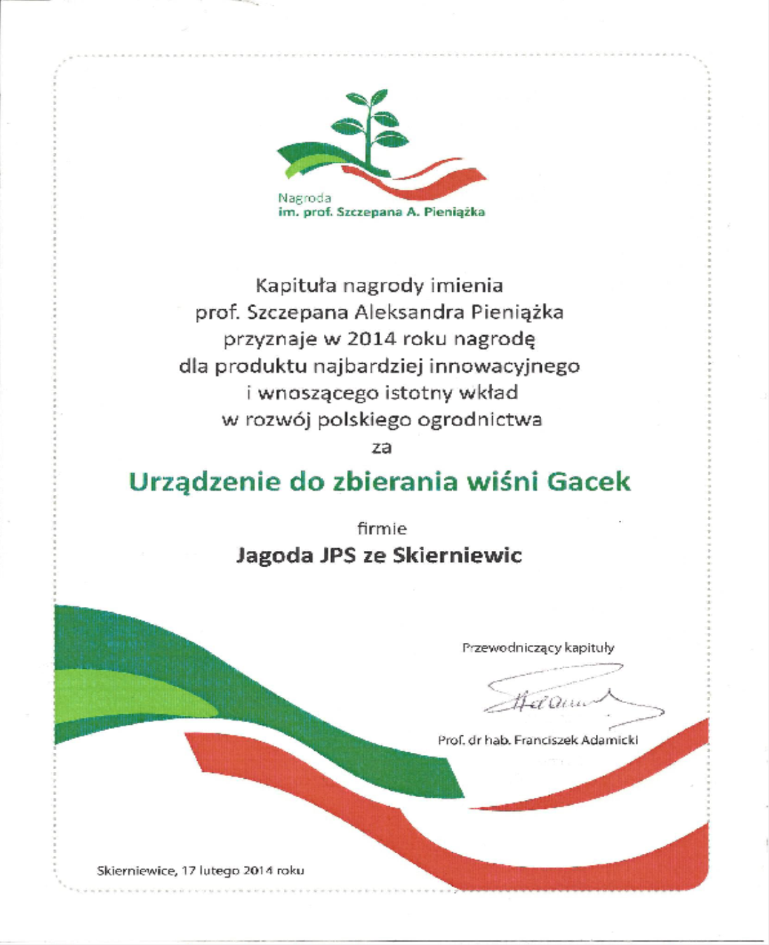 Innovation Solution award for Tree Shaker Harvester With reverse Umbrella GACEK TSW 2014